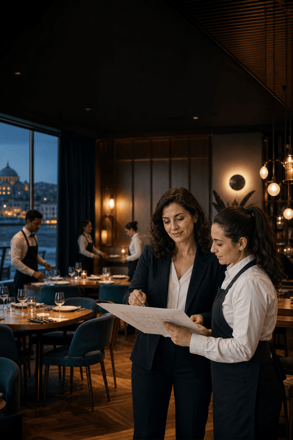 Vardiya planını sorumluyla inceleyen restoran işletmecisi