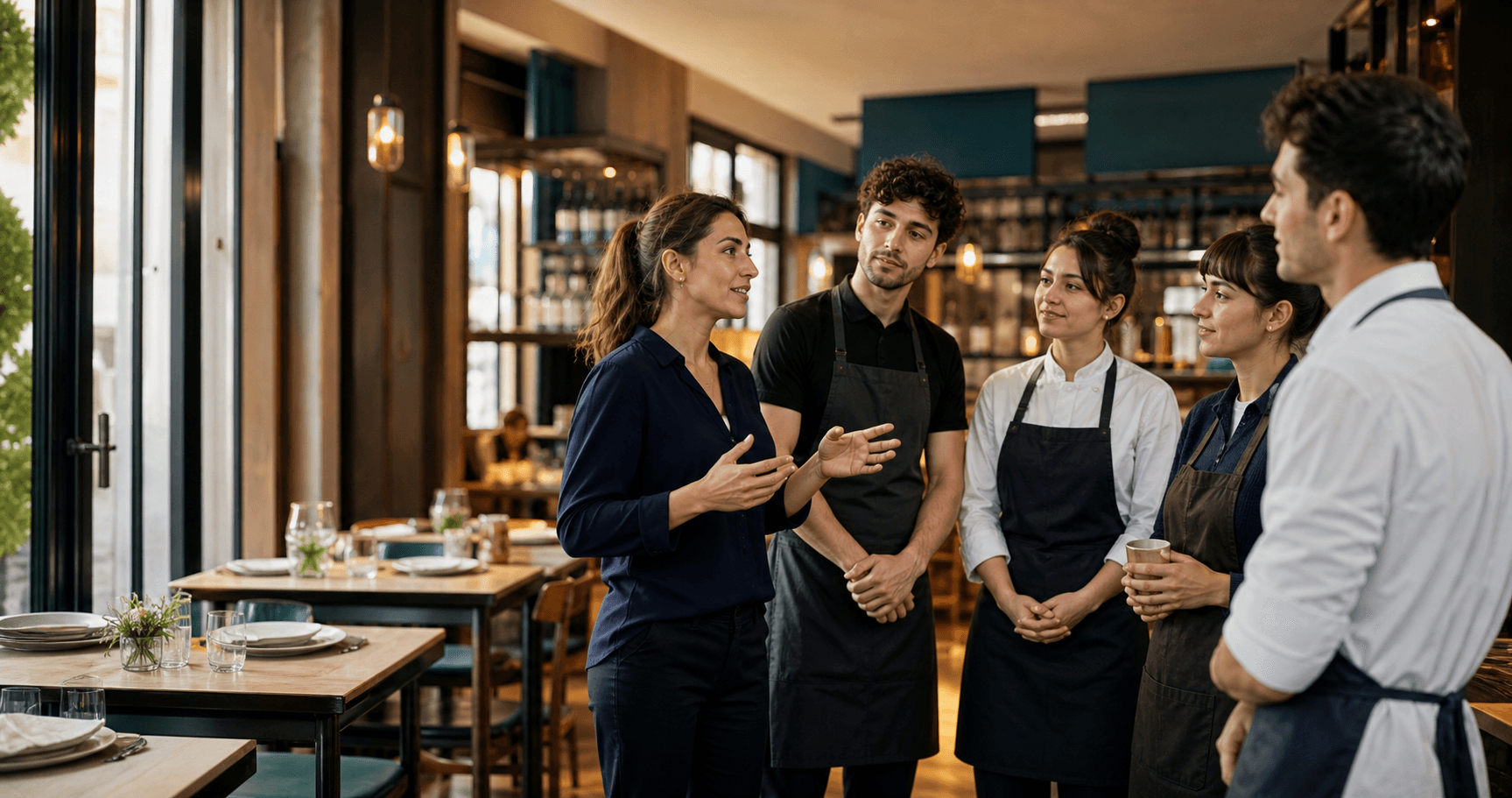 Akşam servisi öncesi ekibiyle vardiya planını konuşan restoran yöneticisi